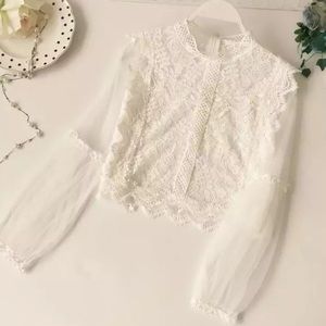 🌸HP🌸 Lace blouse mesh top puff sleeve blush pink white floral womens cropped